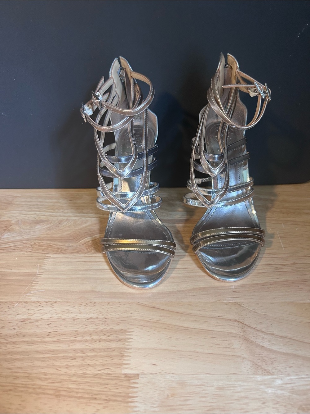 Guess Silver Strappy Metallic High Heel Sandals